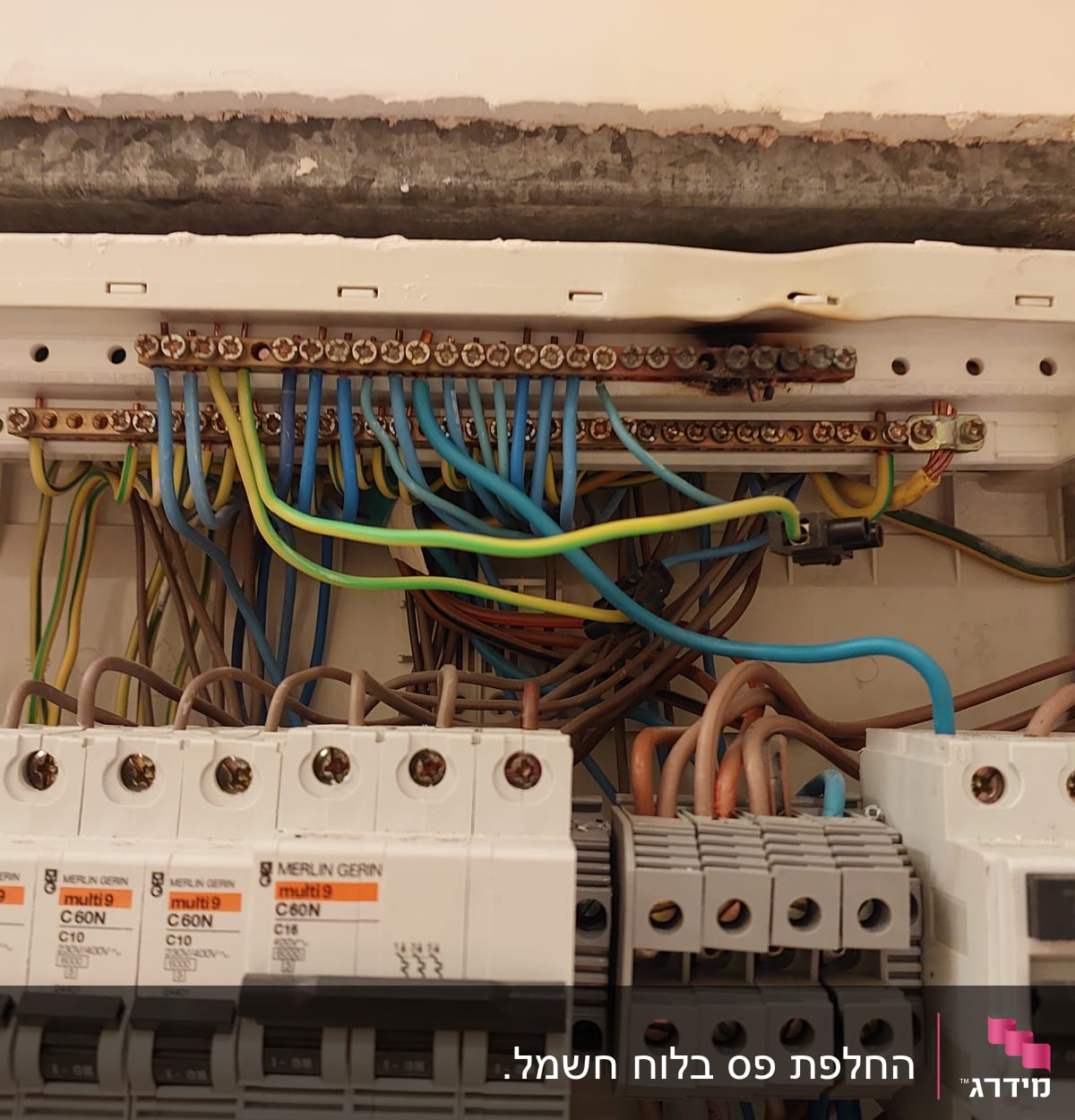 לוח חשמל עם חוטים צבעוניים ומפסקים